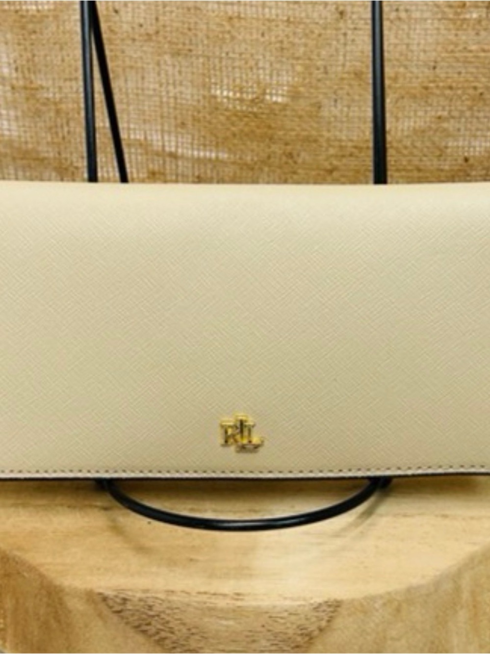 Ralph Lauren Cream Saffiano Leather Fold-Over Clutch with Gold RL Logo
